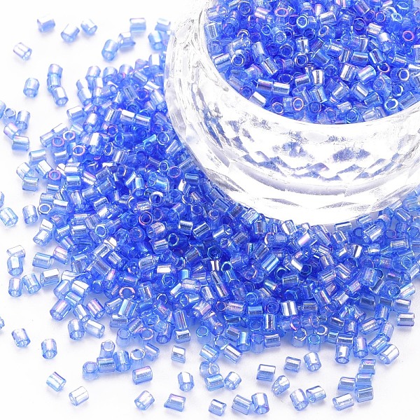 

PandaHall Glass Bugle Beads, Transparent Colours Rainbow, Cornflower Blue, 2.5~3x2mm, Hole: 0.9mm, about 15000pcs/pound Glass