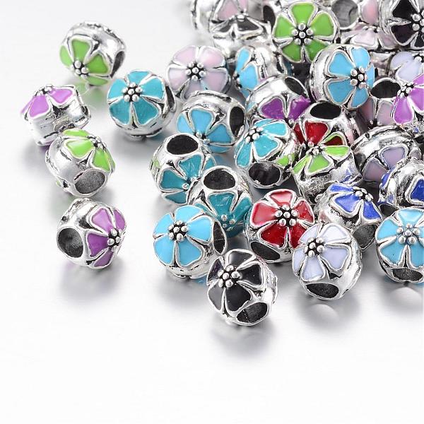 

PandaHall Alloy Enamel European Beads, Large Hole Beads, Rondelle with Flower, Antique Silver, Mixed Color, 9.5x9mm, Hole: 4~4.5mm..., Multicolor
