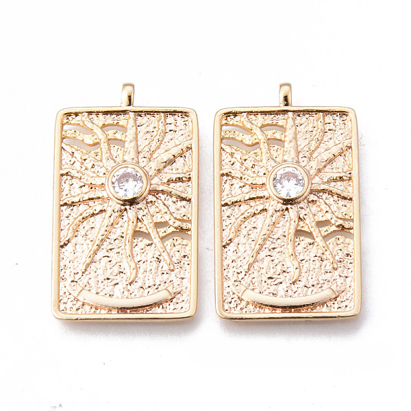 

PandaHall Brass Micro Pave Clear Cubic Zirconia Pendants, Nickel Free, Rectangle with Sun, Real 18K Gold Plated, 30x18x3mm, Hole: 1.2mm...