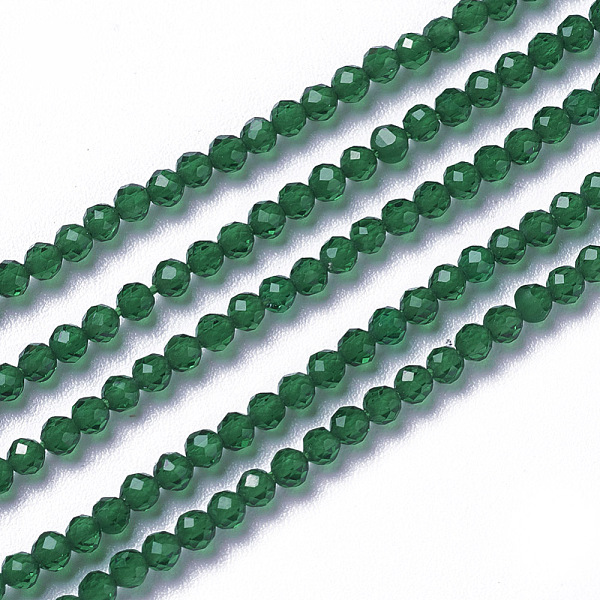 

PandaHall Glass Beads Strands, Faceted, Round, Green, 3~3.5x2.5~3mm, Hole: 0.3mm, about 114~125pcs/strand, 14 inch(35.5cm) Glass Round Green