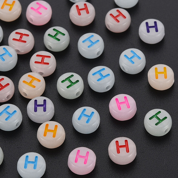 

PandaHall Acrylic Beads, Glow in the Dark, with Enamel and Luminous, Horizontal Hole, Flat Round with Alphabet, Letter.H, 6.5x7x4mm, Hole..., Multicolor