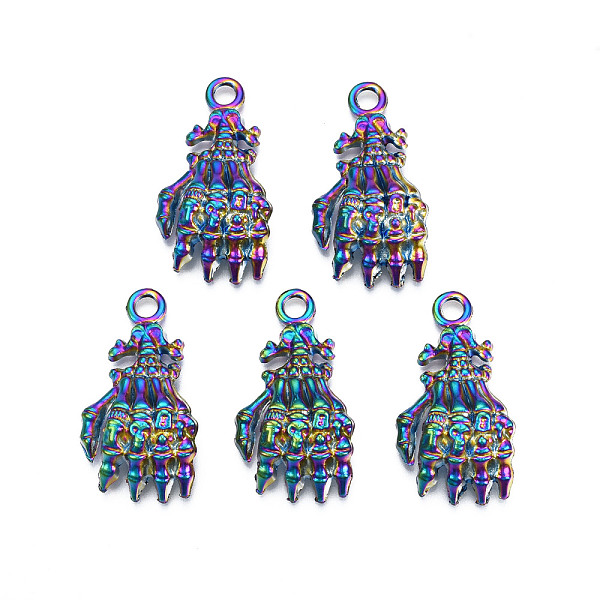 

PandaHall Rainbow Color Alloy Pendants, Cadmium Free & Lead Free, Hand with Skull, 37.5x21x10mm, Hole: 3.5mm Alloy Palm