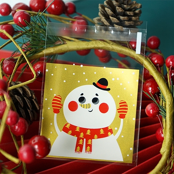 PandaHall Self-Adhesive OPP Cellophane Bag, Christmas Theme, Bakeware Accessoires, for Mini Cake, Cupcake, Cookie Packing, Square, Snowman...