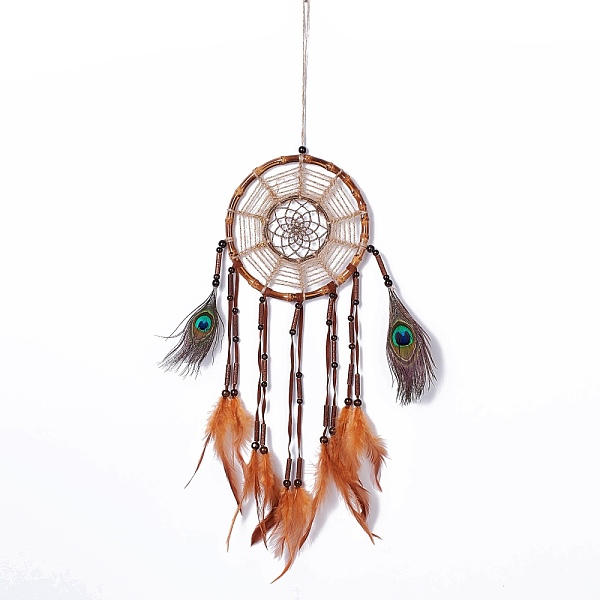 

PandaHall Native Style Bamboo Ring Woven Net/Web with Feather Wall Hanging Decoration, with ABS Beads, for Home Offices Amulet Ornament..., Orange
