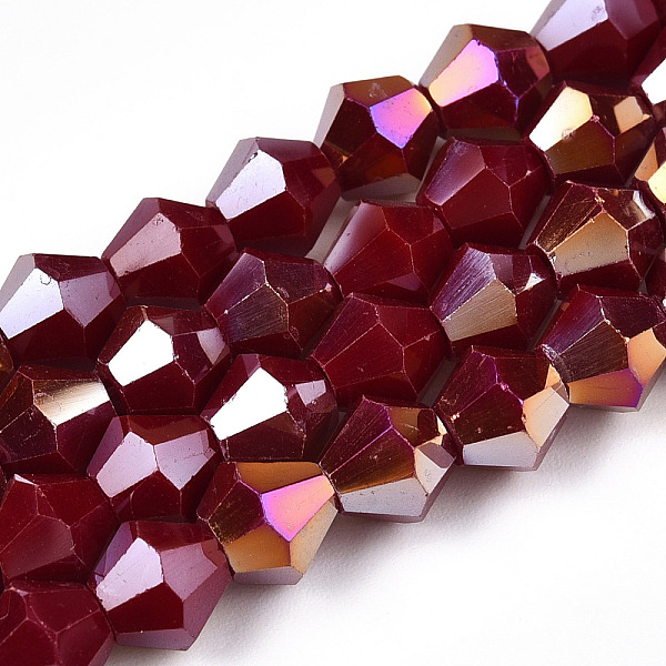 

PandaHall Opaque Solid Color Electroplate Glass Beads Strands, AB Color Plated, Faceted, Bicone, Dark Red, 6x5.5mm, Hole: 1mm, about...