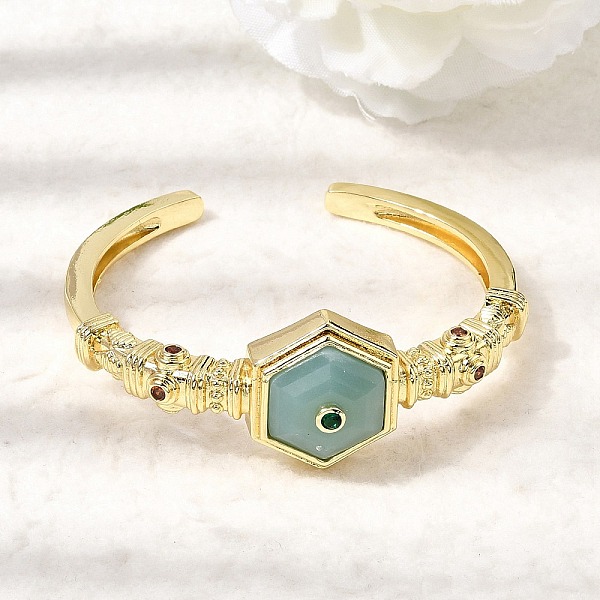 Bracciale rigido aperto esagonale da donna in ottone con pavé di labradorite naturale e zirconi cubici