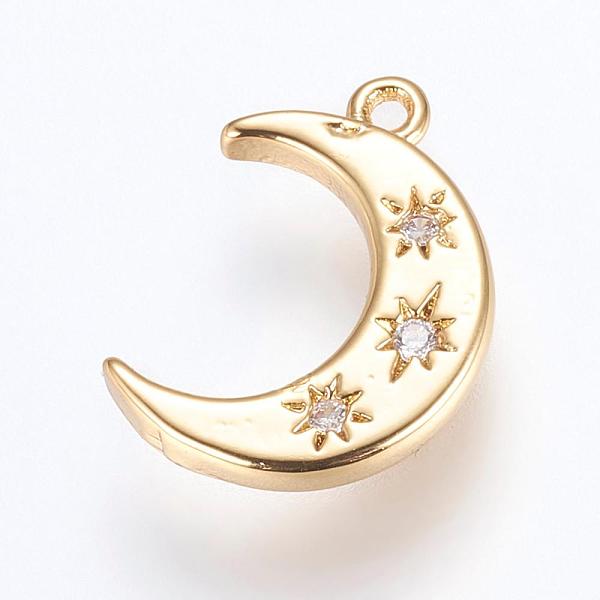 

PandaHall Brass Charms, with Cubic Zirconia, Moon, Golden, 16x10x2mm, Hole: 1.2~1.5mm Brass+Cubic Zirconia Moon Clear