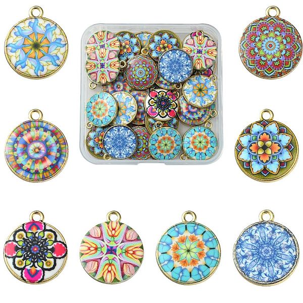 

PandaHall 40Pcs 8 Style Alloy Printed Pendants, Cadmium Free & Nickel Free & Lead Free, Flat Round with Flower Charms, Mixed Color..., Multicolor