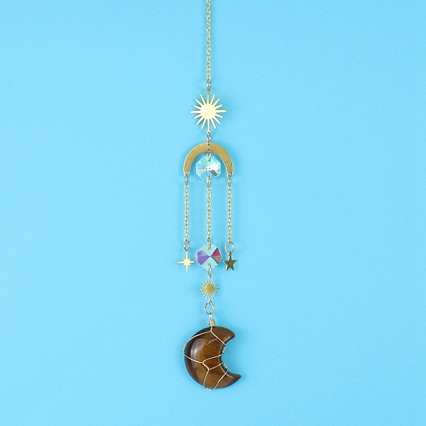 

PandaHall Tiger Eye Moon Sun Catcher Hanging Ornaments, with Brass Star & Sun, for Home, Garden Decoration, 400mm Tiger Eye Moon