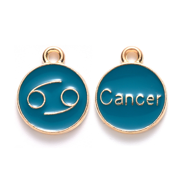 

PandaHall Alloy Enamel Pendants, Cadmium Free & Lead Free, Flat Round with Constellation, Light Gold, Dark Cyan, Cancer, 15x12x2mm, Hole...