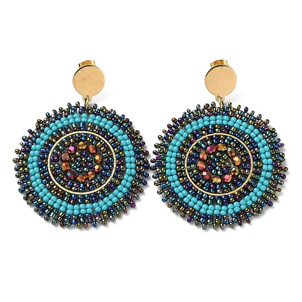 

PandaHall Woven Glass Beaded Flat Round Dangle Stud Earrings, with Vacuum Plating 304 Stainless Steel Pins, Colorful, 65x50mm Glass Flat..., Black
