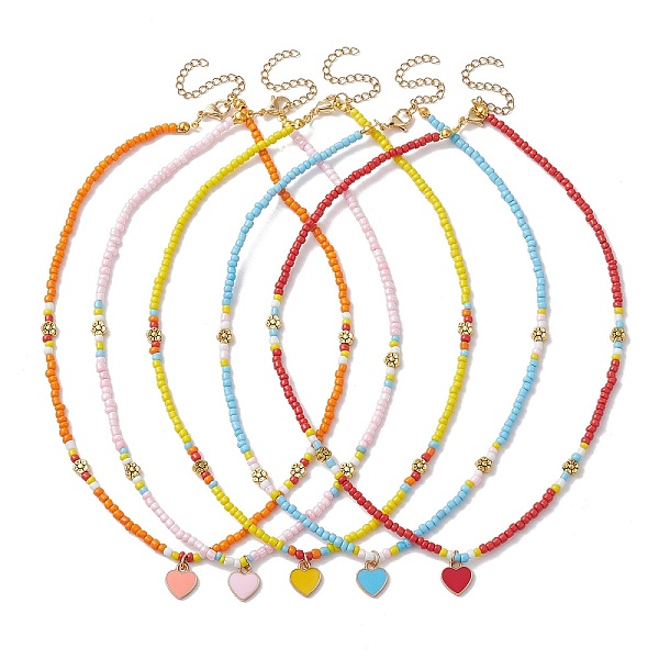 

PandaHall Alloy Enamel Heart Pendant Necklace with Glass Seed Beaded, Mixed Color, 15.75 inch(40cm) Alloy Heart Multicolor