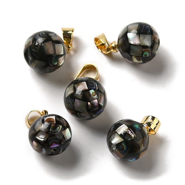 

PandaHall Natural Paua Shell Dyed Round Charms, with Golden Plated Brass Snap on Bails, Black, 14x10mm, Hole: 4.5x4mm Paua Shell Round Black