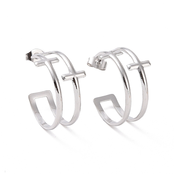 

PandaHall 304 Stainless Steel Double Cross Stud Earrings, Half Hoop Earrings for Women, Stainless Steel Color, 23.5x8mm, Pin: 0.7mm 304...