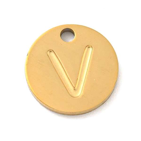 

PandaHall Ion Plating(IP) 304 Stainless Steel Pendants, Laser Cut, Flat Round with Letter Charm, Golden, Letter V, 10x1mm, Hole: 1.4mm 304...