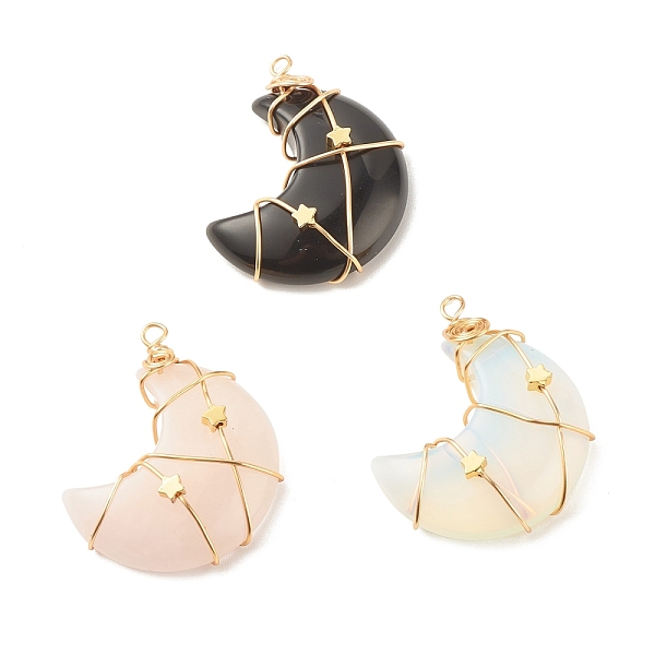 

PandaHall Natural & Synthetic Gemstone Pendants, with Copper Wire and Star Brass Beads, Moon, Light Gold, 41.5~43.5x34.5~35x8.5~11mm, Hole...