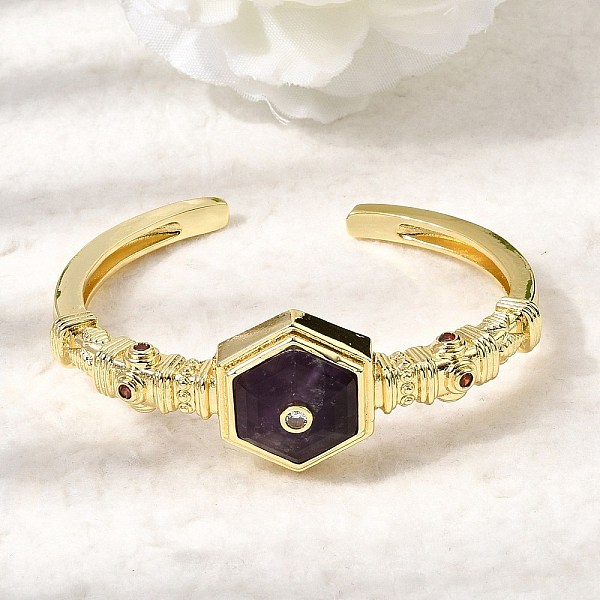 Bracciale rigido aperto esagonale da donna in ottone con pavé di ametista naturale e zirconi cubici