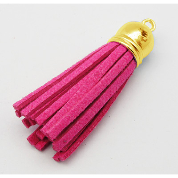 PandaHall Golden Brass Suede Tassels for Cell Phone Straps Making, Fuchsia, 55~65x12mm, Hole: 1.5mm Faux Suede Pink