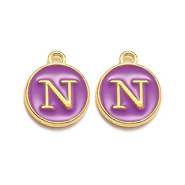 

PandaHall Golden Plated Alloy Enamel Charms, Enamelled Sequins, Flat Round with Alphabet, Letter.N, Purple, 14x12x2mm, Hole: 1.5mm...