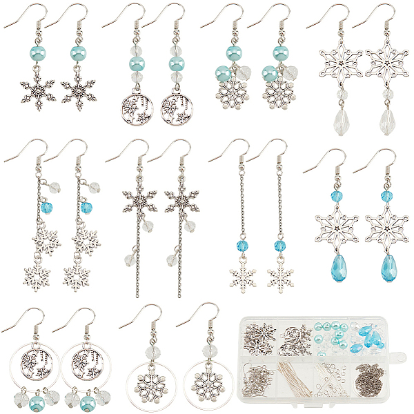 

PandaHall SUNNYCLUE 1 Box DIY 10 Pairs Christmas Charms Earrings Making Kit Antique Silver Snowflake Charms Winter Blue Faceted Glass Beads...