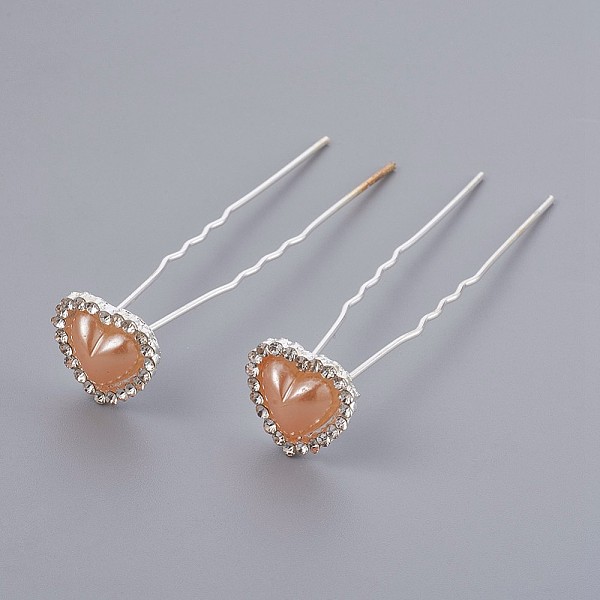 PandaHall (Defective Closeout Sale), Lady's Hair Accessories, Silver Color Plated Iron Hair Forks, with ABS Plastic and Rhinestone, Heart...