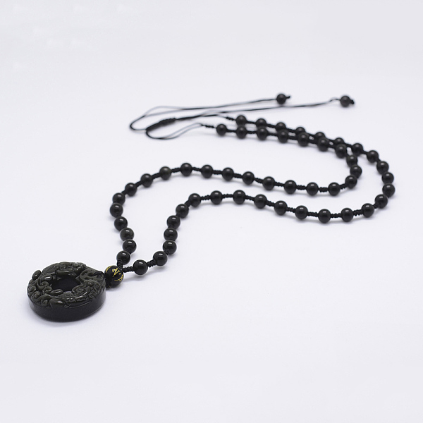 

PandaHall Natural Golden Sheen Obsidian Beaded Pendant Necklaces, with Golden Sheen Obsidian Pendants, Flat Round, 22.83 inch(58cm) Obsidian
