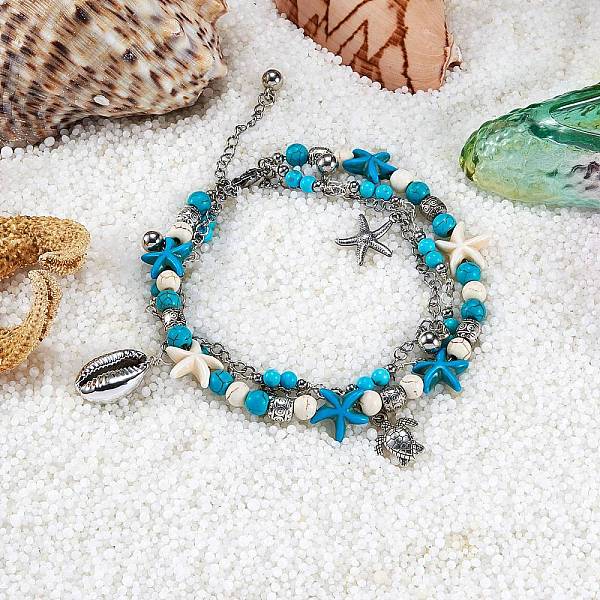 Synthetic Turquoise Beads Multi-strand Anklet
