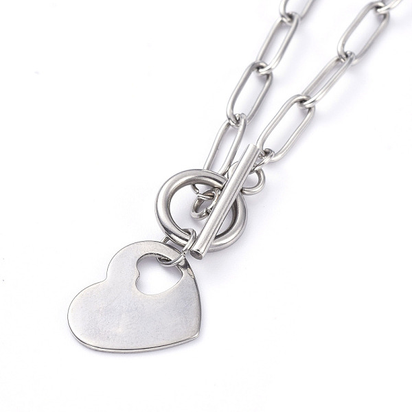 

PandaHall Heart 304 Stainless Steel Pendant Necklaces, with Paperclip Chains and Toggle Clasps, Stainless Steel Color, 17.12 inch(43.5cm)...
