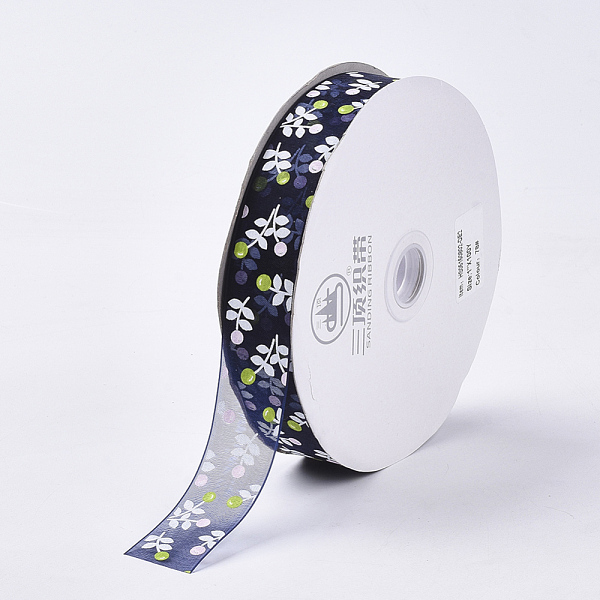 

PandaHall Flower Pattern Printed Polyester Organza Ribbons, Prussian Blue, 1 inch(25mm), about 100yards/roll Polyester Blue