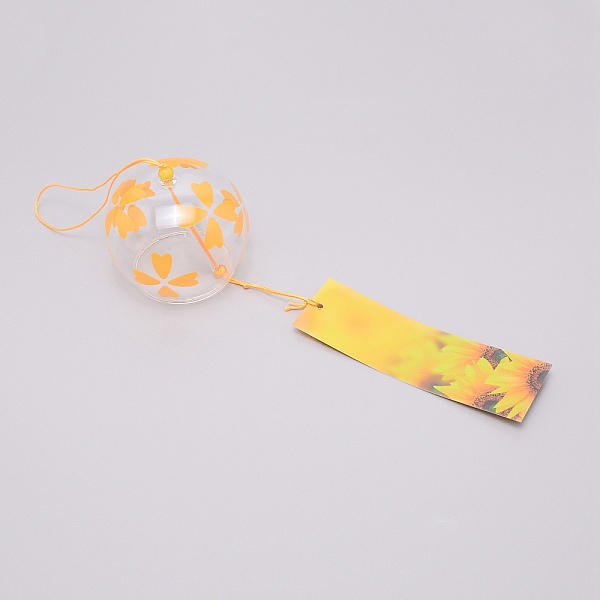 

PandaHall Japanese Round Painting Glass Wind Chimes, with Polyester Cord, Plastic Beads, Rectangle Paper Card, Floral Pattern, 400mm Glass..., Gold