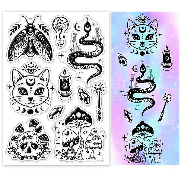 

PandaHall GLOBLELAND Magic Snake and Skeleton Mushroom Clear Stamp for Halloween Witch's Day Magic Cat Stick Silicone Clear Stamp Embossing...