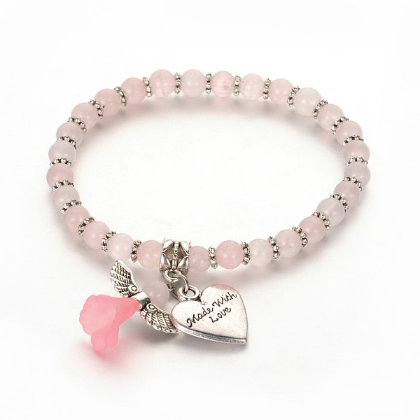 

PandaHall Mother daughter Jewelry, Rose Quartz Beaded Acrylic Charm Bracelets, with Tibetan Style Alloy Beads and Heart Pendants, Lovely...