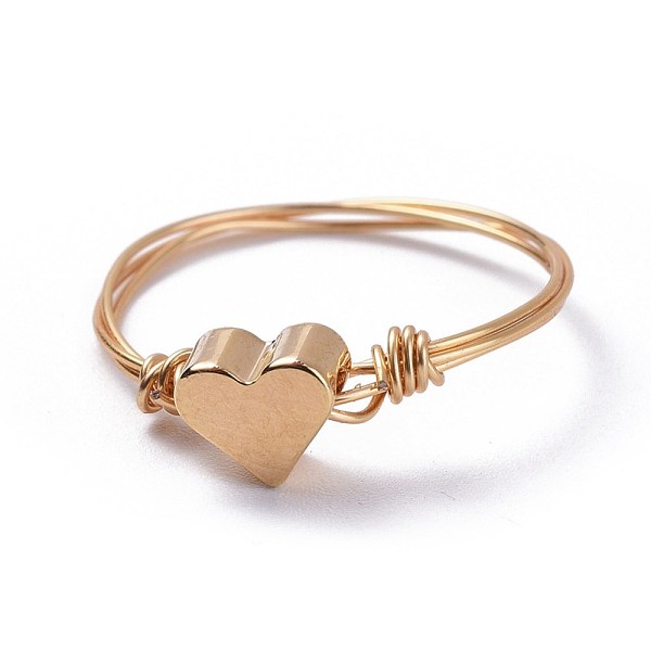 

PandaHall Heart Brass Rings, with Eco-Friendly Copper Wire, Real 18K Gold Plated, US Size 8 1/2(18.5mm), 1mm Brass