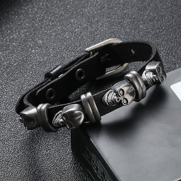 

PandaHall Cowhide Cord Bracelets, Alloy Skull Rivets Bracelets, Black, 10-1/4 inch(26cm) Leather Skull Black