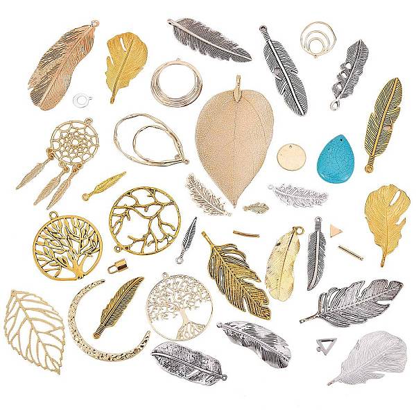 

PandaHall 40Pcs 40 Style Alloy/304 Stainless Steel/Brass/Iron/Howlite Pendants, with Brass Tube Beads, Mixed Color, 1pc/style Alloy Feather