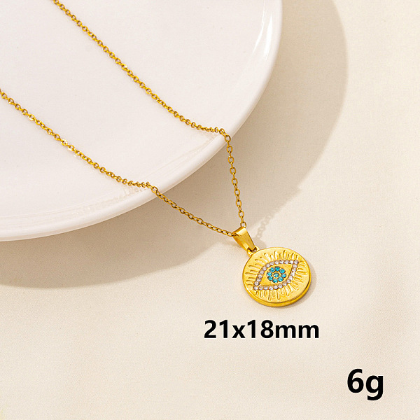 

PandaHall Stylish Stainless Steel Rhinestones Flat Round with Evil Eye Pendant Necklace, Hip-hop Street Fashion Stainless Steel Flat Round