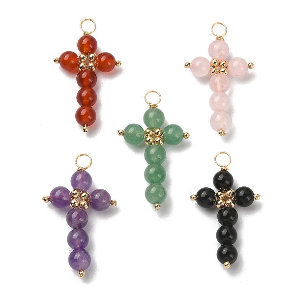 

PandaHall Natural Mixed Gemstone Round Copper Wire Wrapped Pendants, Cross Charms with Brass Round Beads, Golden, 37.5~39.5x21~22.5x6.5~7mm...