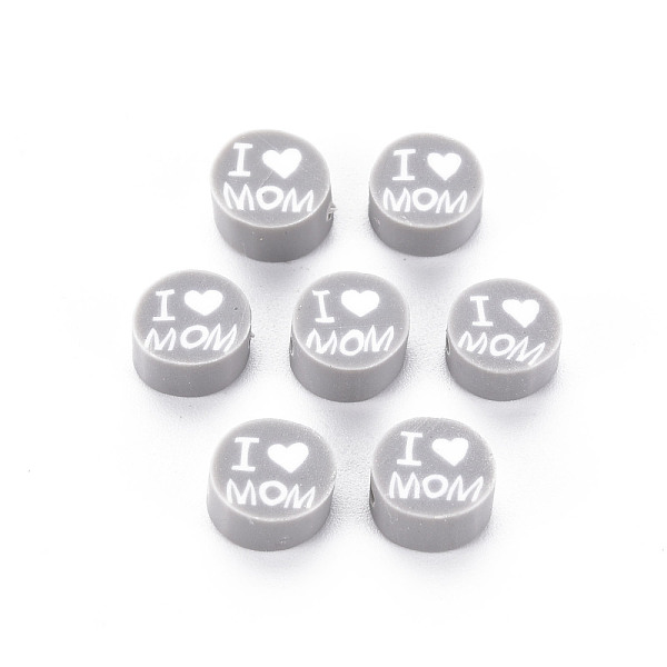 

PandaHall Handmade Polymer Clay Beads, Mother's Day Theme, Flat Round with Word I Love MOM, Light Grey, 8~9.5x3.5~4.5mm, Hole: 1.5mm Polymer...