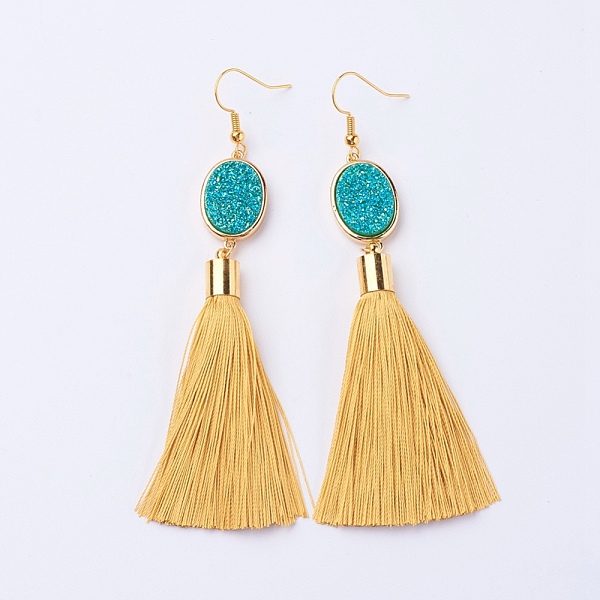 

PandaHall Ice Silk Thread Tassel Dangle Earrings, with Electroplated Natural Druzy Quartz Crystal and Brass Earring Hooks, Golden, Gold...
