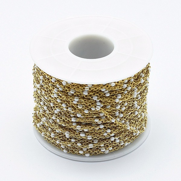 

PandaHall Handmade Golden 304 Stainless Steel Cable Chains, with Enamel Beaded, Soldered, with Spool, White, 2x1.6x0.2mm, Beads: 2mm, about...