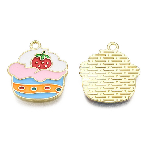 PandaHall Alloy Enamel Pendants, Cadmium Free & Lead Free, Strawberry Cake Charms, Golden, Light Sky Blue, 22x20x1.3mm, Hole: 1.8mm...