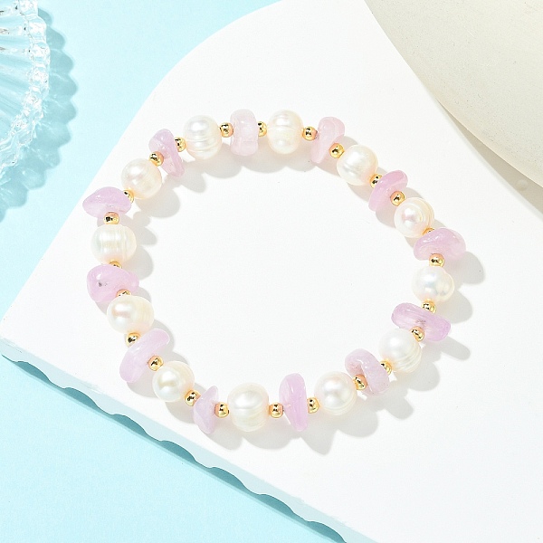 Bracciale da donna con chips di kunzite naturale e perle rotonde d'acqua dolce coltivate