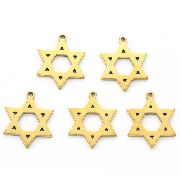 

PandaHall Religion Theme, Vacuum Plating 304 Stainless Steel Pendants, Laser Cut, for Jewish, Star of David, Golden, 17x14x1mm, Hole: 1.2mm...