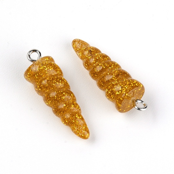 

PandaHall Resin Pendants, with Platinum Iron Peg Bail, Glitter Powder, Unicorn Horn, Gold, 29x10x9.5mm, Hole: 1.8mm Iron+Resin Others Gold