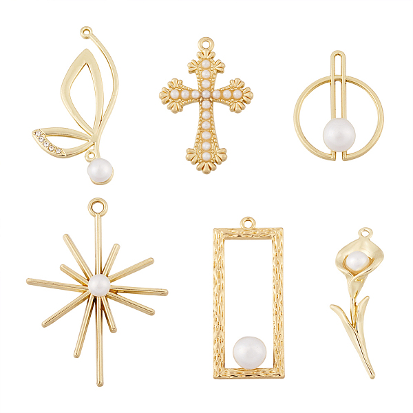 

PandaHall Cheriswelry 12Pcs 6 Style Alloy Pendants, with Acrylic Pearl Beads, Cadmium Free & Lead Free, Mixed Shapes, Light Gold...