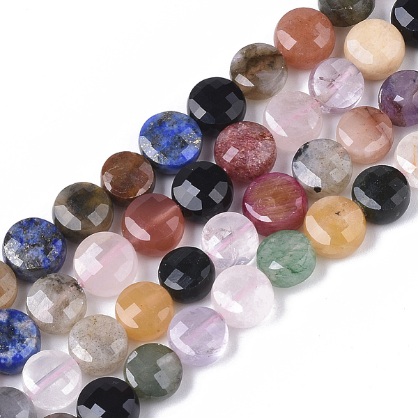 PandaHall Natural Mixed Stone Beads Strands, Faceted, Flat Round, 6x3.5~4mm, Hole: 0.9mm, about 72pcs/strand, 15.55 inch(39.5cm) Mixed Stone...