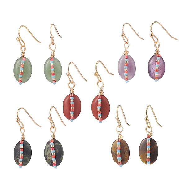 

PandaHall 5 Pair 5 Style Natural Mixed Gemstone & Glass Seed Braided Oval Dangle Earrings Set, Golden Brass Wire Wrap Jewelry for Women...