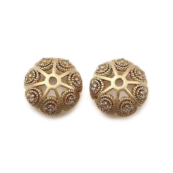Brass Micro Pave Clear Cubic Zirconia Bead Caps, Flower, Real 18K Gold Plated, 12x5.5mm, Hole: 1.6mm
