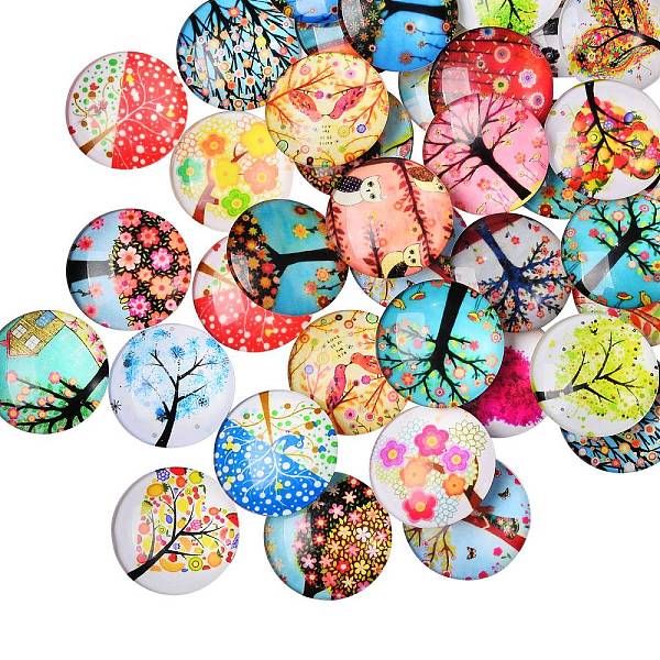 

PandaHall 50Pcs Tree of Life Printed Half Round/Dome Glass Cabochons, Mixed Color, 25x7mm Glass Tree Multicolor