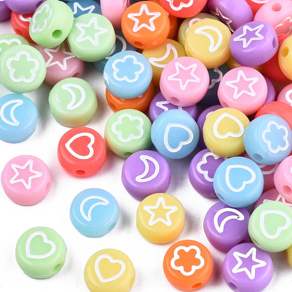 

PandaHall Opaque Mixed Color Acrylic Beads, Flat Round with White Heart & Flower & Moon & Star, 7x4mm, Hole: 1.5mm, about 3600pcs/500g..., Multicolor